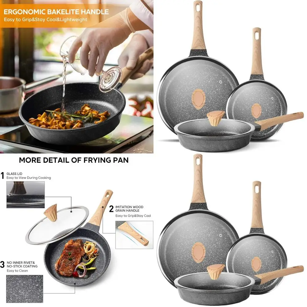 

Stoneware Nonstick Frying Pan Set with Lids - 8, 9.5, and 11 Induction-Ready Skillet Set for Omelettes and More