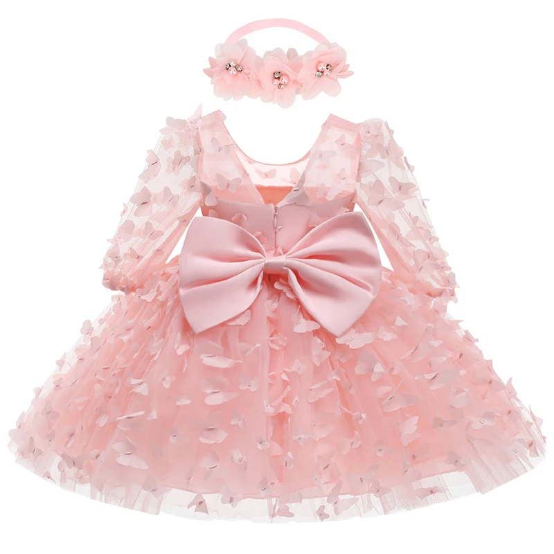 0-24M Baby girl dress full moon baptism dress mesh fluffy princess dress three-dimensional flower bow birthday party dress