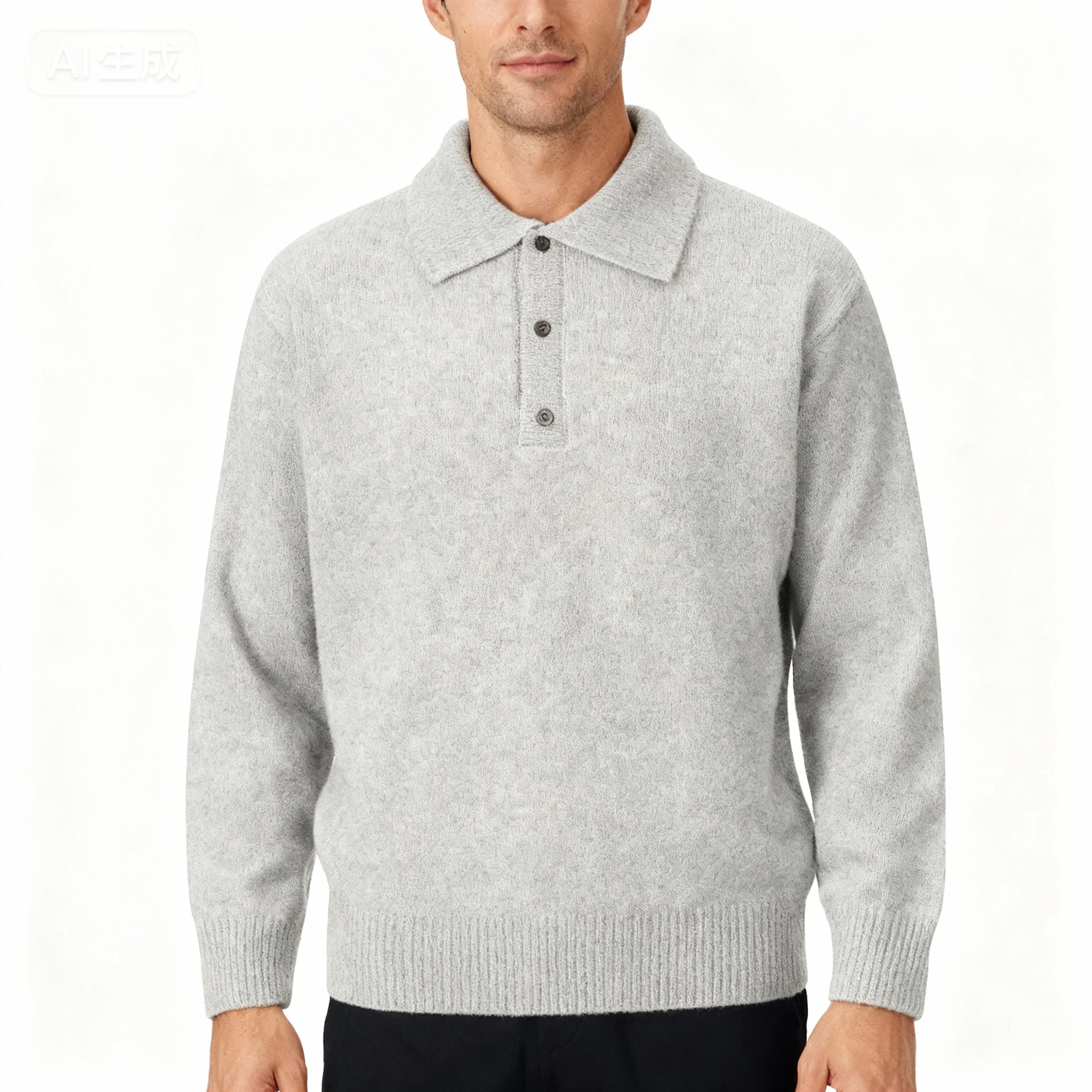 

Men's Gray Polo Collar Sweater, 2025 Autumn New Soft Knitted Button-Down Casual Office Wear Top