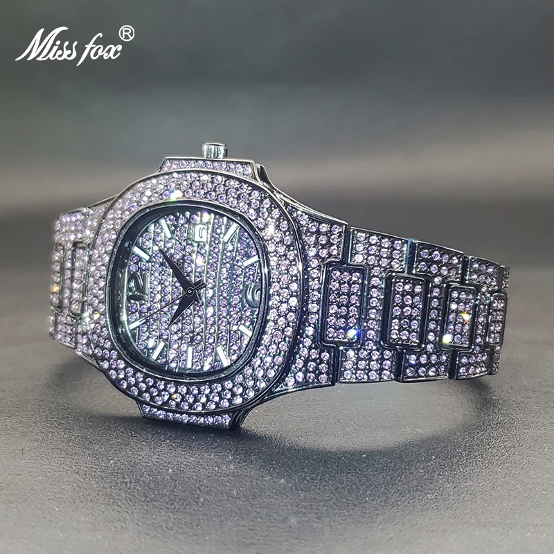 MISSFOX Purple Blue Green Diamond Watch For Men Iced Out Special Color Cool Quartz Watches Waterproof Men\'s Clock Dropshipping