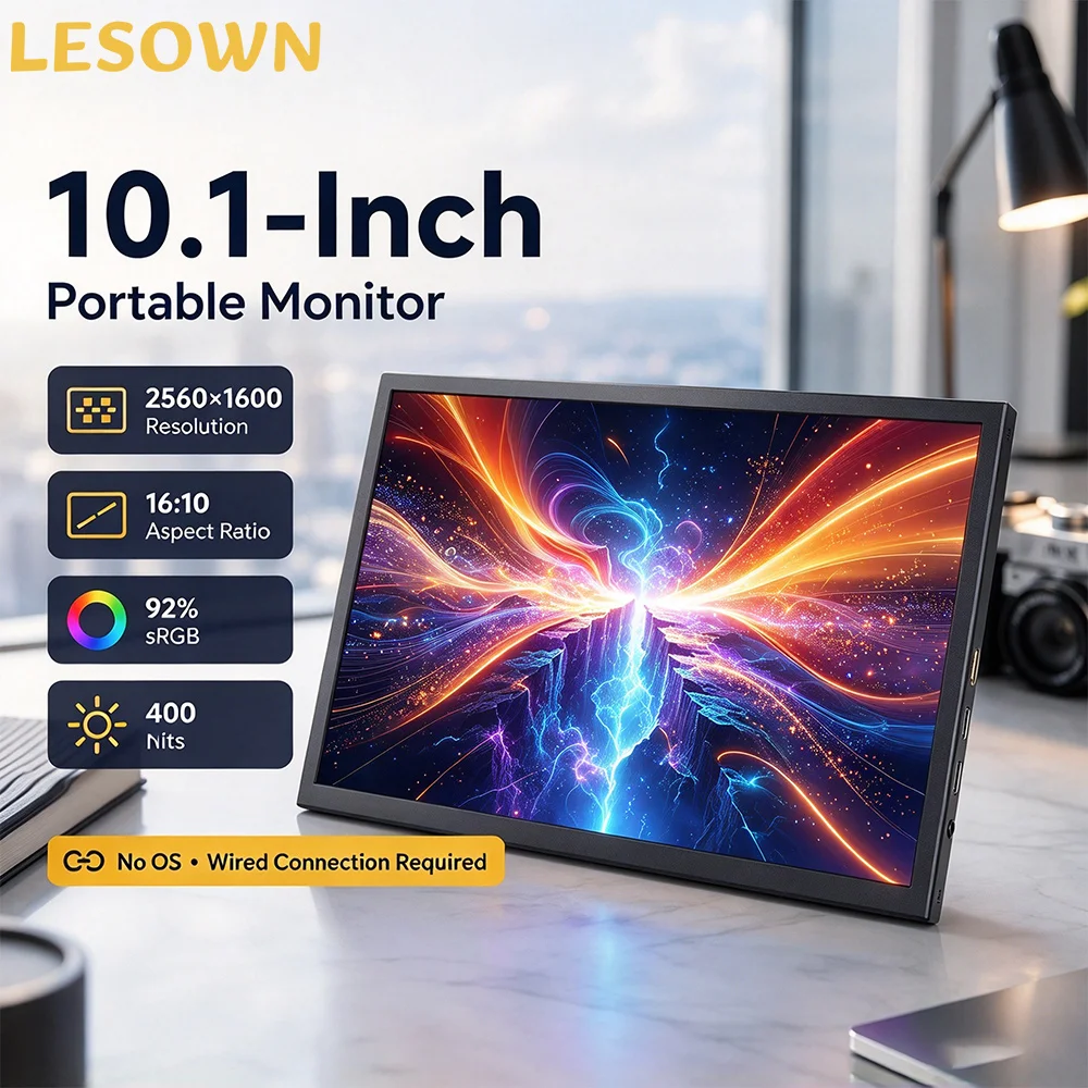 LESOWN 10.1/13.3 Inch 2.5K LCD Monitor 2560x1600 16:10 60Hz Type-C Mini HDTV Aluminum Housing for Laptop Display Extension