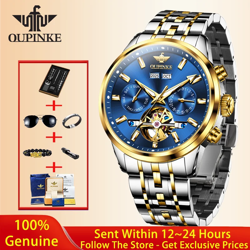 

OUPINKE Men Hollow Automatic Mechanical Watch Top Brand Business Calendar Perpetual Calendar Sapphire Waterproof Men Watch 3296