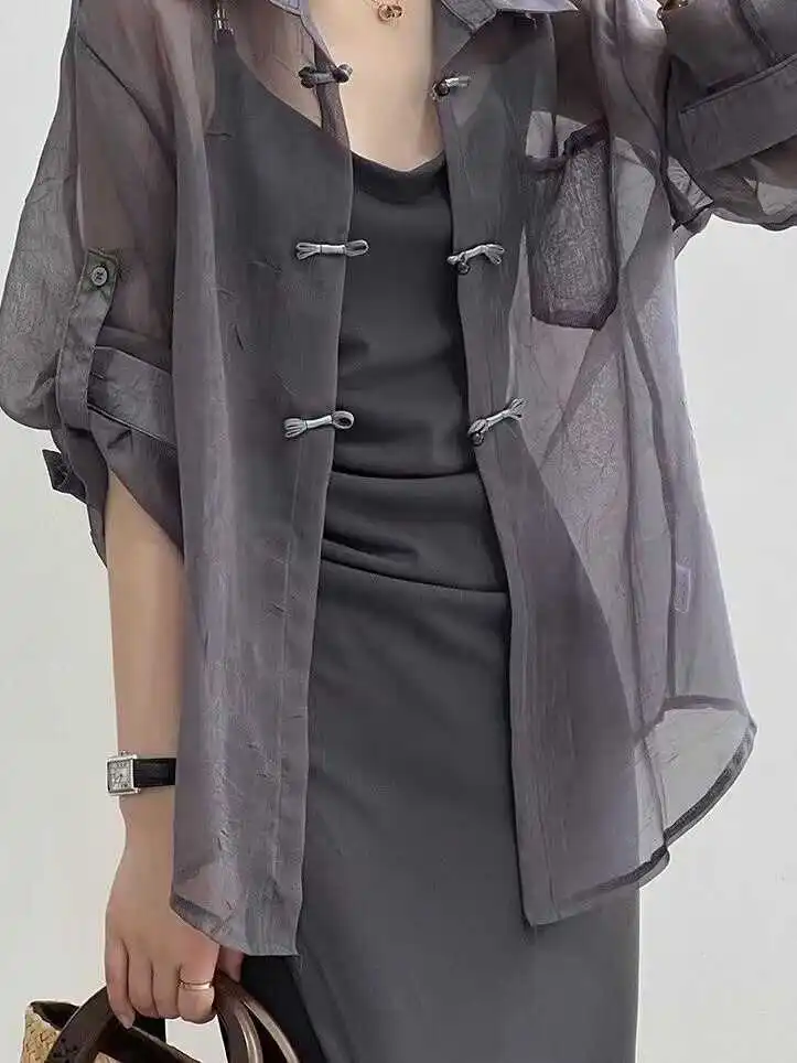 

New Chinese Style Shirt Women's Thin Summer Outerwear Sun Protection Open Cardigan Top Collar Long Sleeve Regular Fit