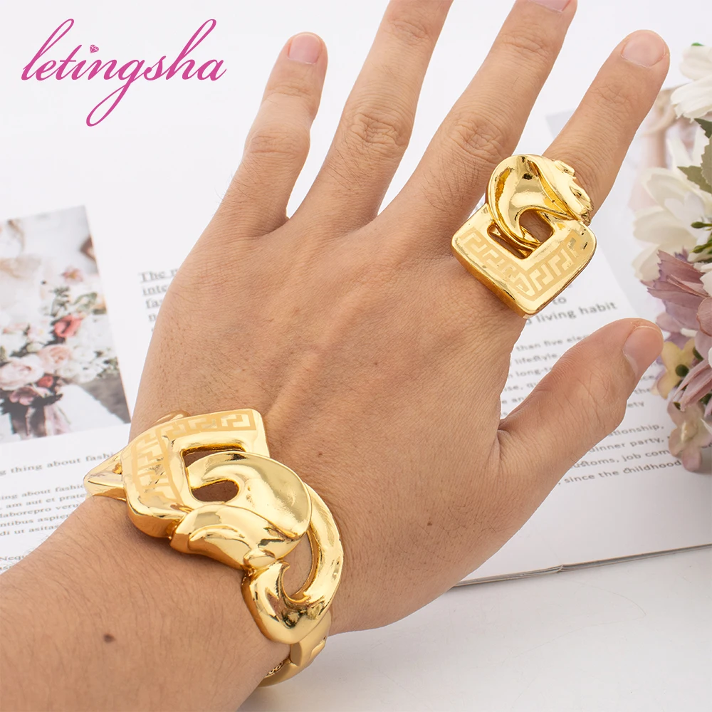 Dubai 18k Gold Plated Bangle Ring Set African Luxury Bangles Bracelet Jewelry Set for Women Daily Wear Party Gift Jewellery