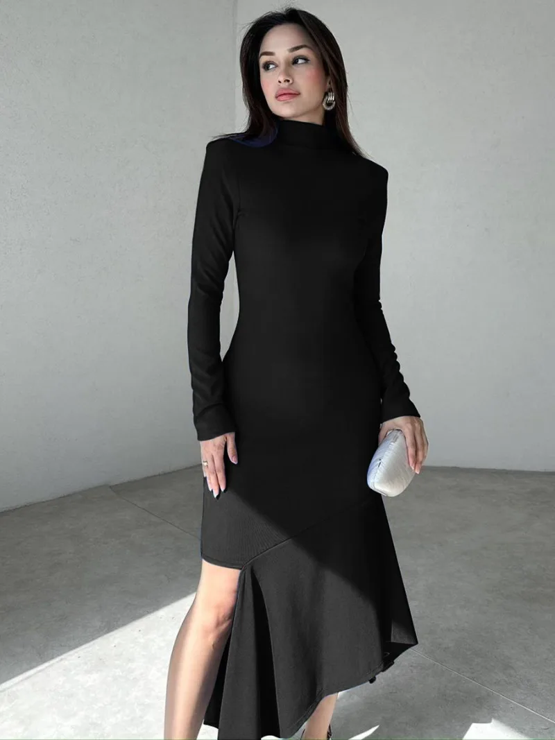 

Women Chic Long Sleeve Asymmetrical Party Dress Fall Winter Slim Split Ruffles Mid-calf Black Dresses Office Lady Work Vestido