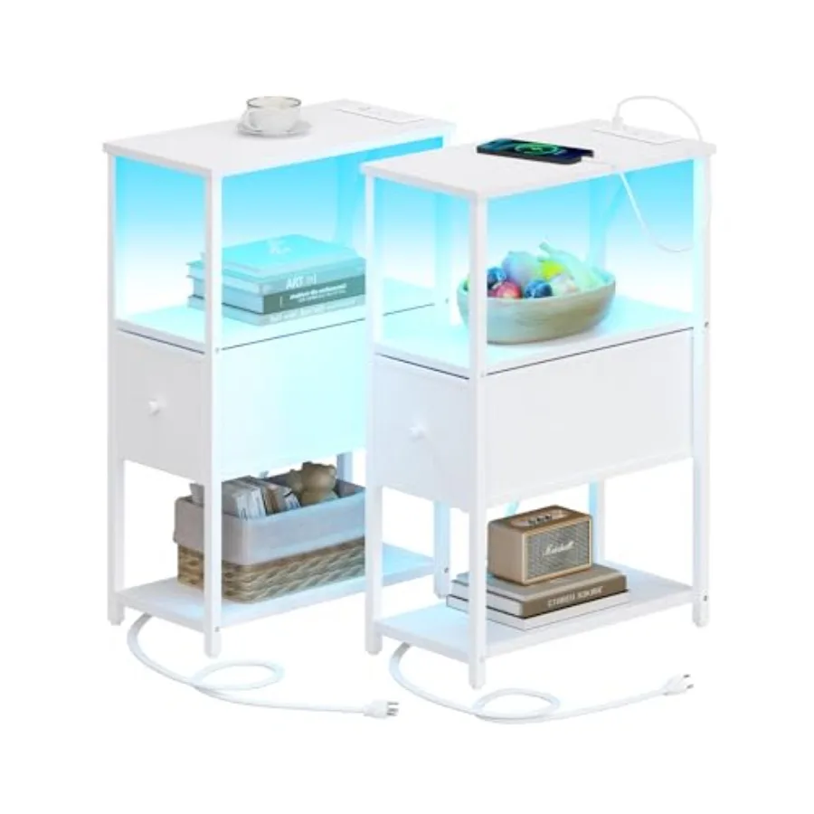 

Узкий светодиодный прикроватный столик с зарядной станцией и розетками, тумбочка с тканевым ящиком, комплект из 2-х столиков для гостиной