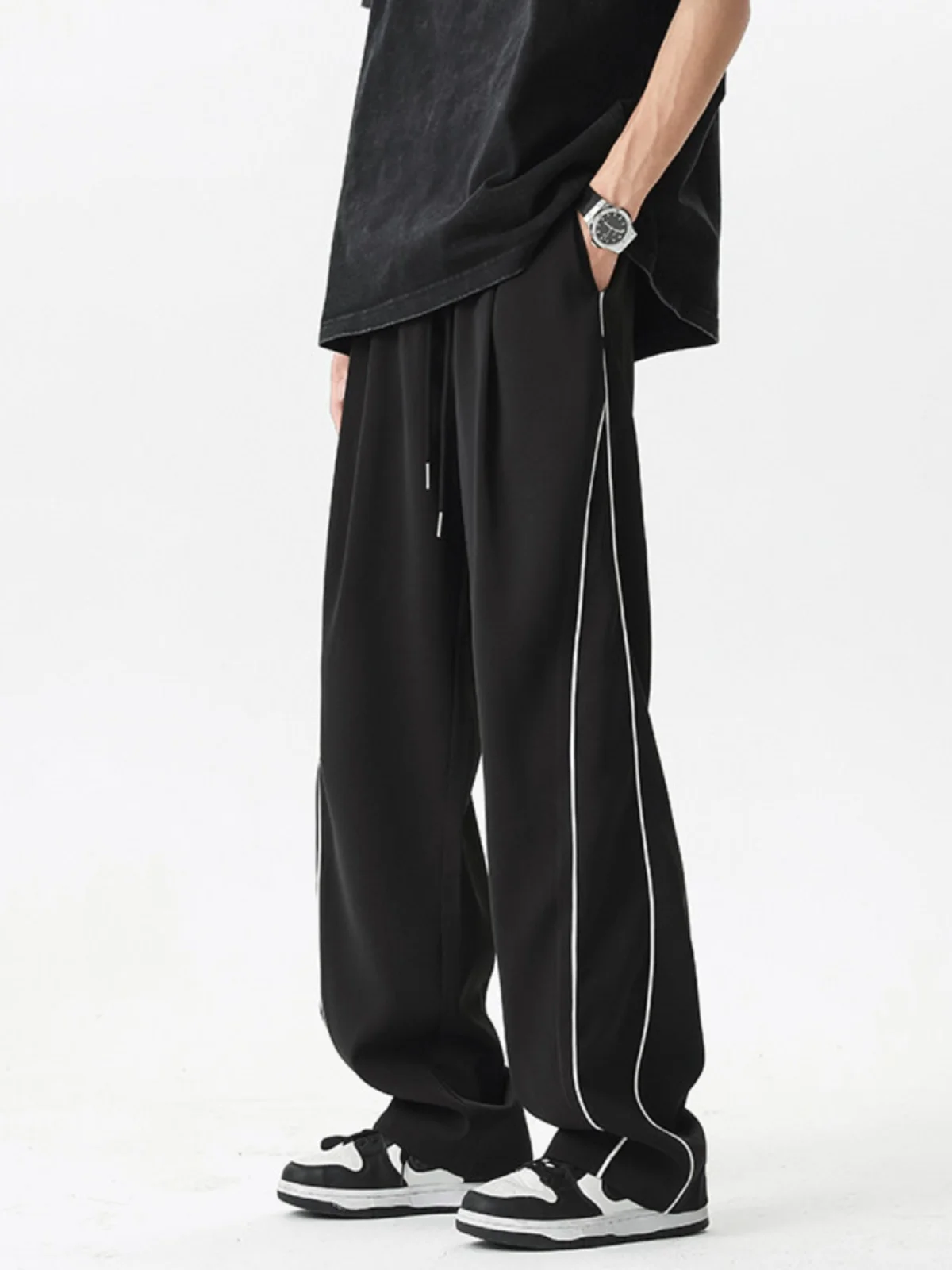 

Cool Sensation Ice Silk Men's Summer Thin Stripe Splicing Casual Loose Straight Leg Long Pants Faionable Casual Trousers