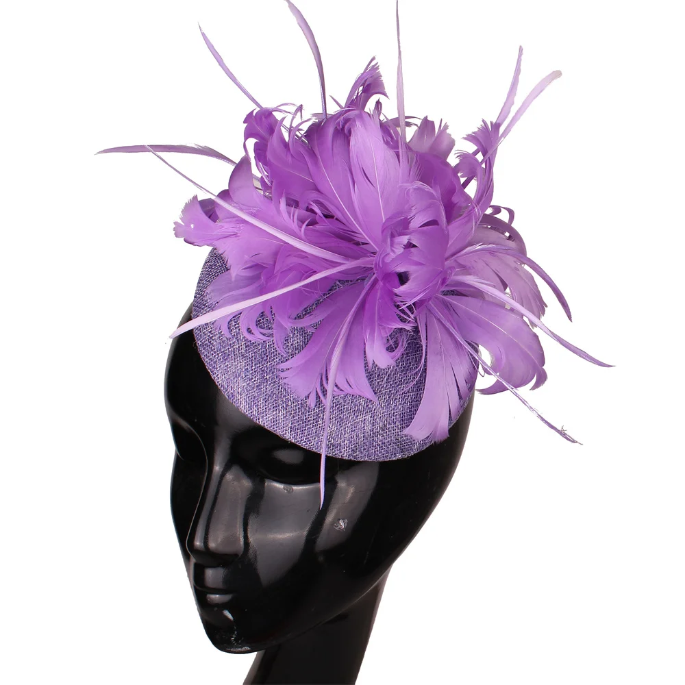 Women Lavender Feather Fascinator Hat Imitation Sinamay Chapeau Caps Hair Clip Elegant Ladies Female Race Cocktail Tea Party