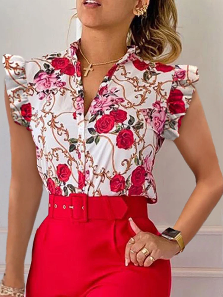 Women\'s 2023 Fashion Floral Print Shirt Blouse Spring Summer Elegant Casual V Neck Button Office Lady Short  Sleeve Shirts Tops