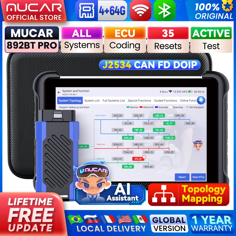 MUCAR 892BT PRO AI Automotive Diagnostic Tools 35 Reset Lifetime Free Update J2534 CANFD DOIP Protocol Topology Map OBD2 Scanner