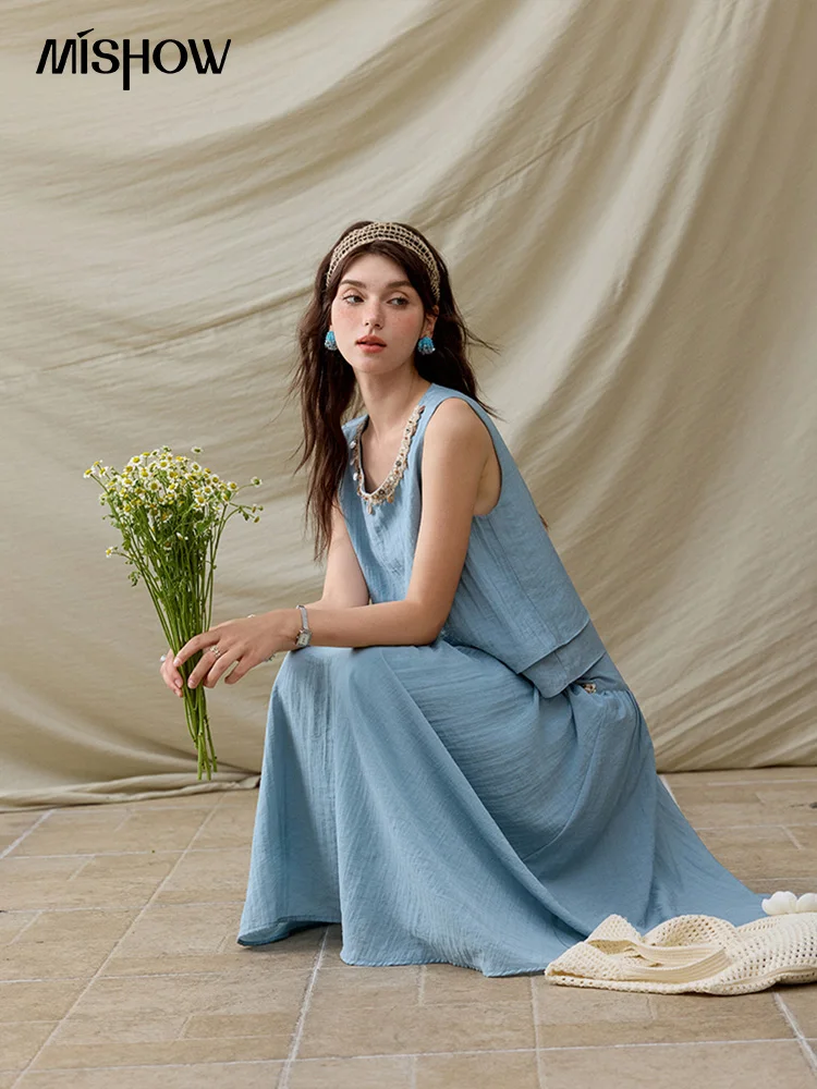 MISHOW Office 레이디 여름 조끼 스커트 세트 여성 2025 Sheel 리본 솔리드 라운드 넥 탑 루즈 하이 웨스트 스커트 여성 MXE32T0556