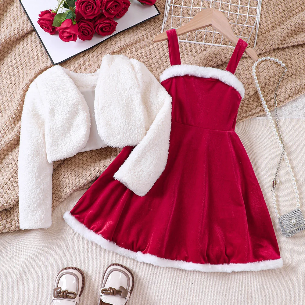 Girls Christmas Dress Coat+Velvet Suspenders Two PCS Children's Christmas Dress Autumn and Winter Carnival Party Evening Dresses