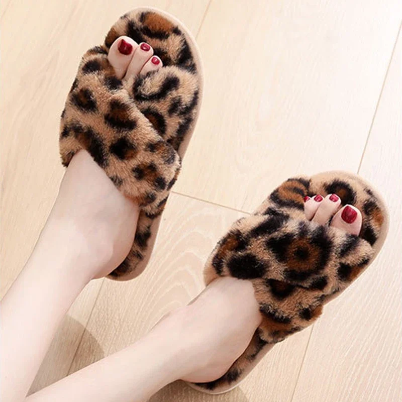 

Sexy Cross Leopard Plush Women Slippers Lightweight Soft Sole Cotton Slides Autumn Winter Open-toe Warm Flat Heel Flip Flops