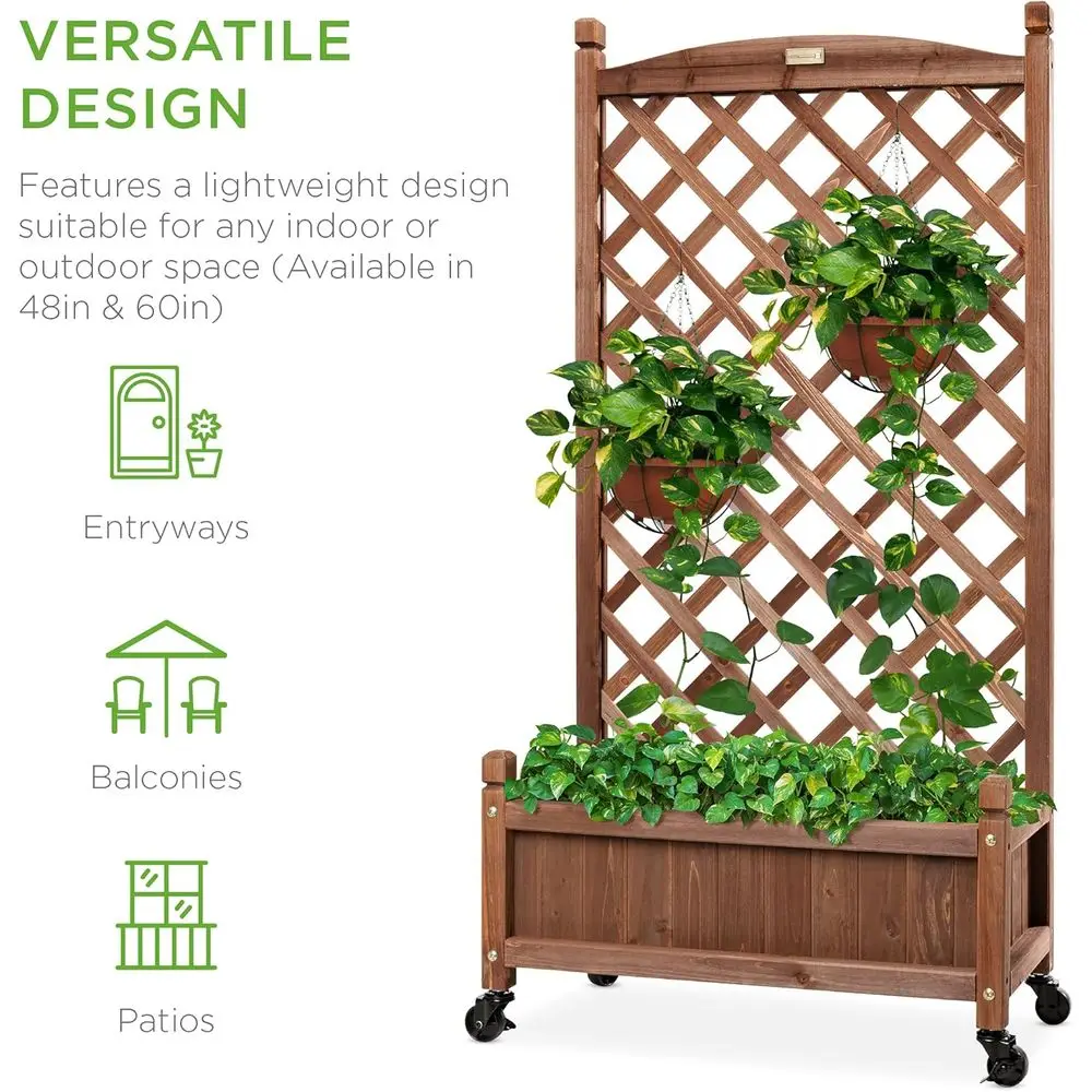 

60 Inch Walnut Wood Planter Box Diamond Lattice Trellis Portable Outdoor Raised Garden Bed for Climbing Plants with Drainage