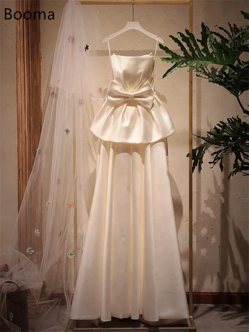 Booma simples cinta de espaguete a linha arco cetim vestidos de casamento longo simples elegante vestido de noiva feito sob encomenda 2025