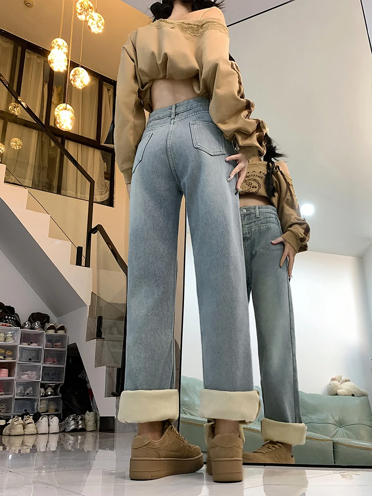 플러스 사이즈 루즈핏 하이웨이스트 테니드 페이스 와이드 레그 진 여성용 가을 겨울 캐주얼 하이웨이스트 롱 팬츠