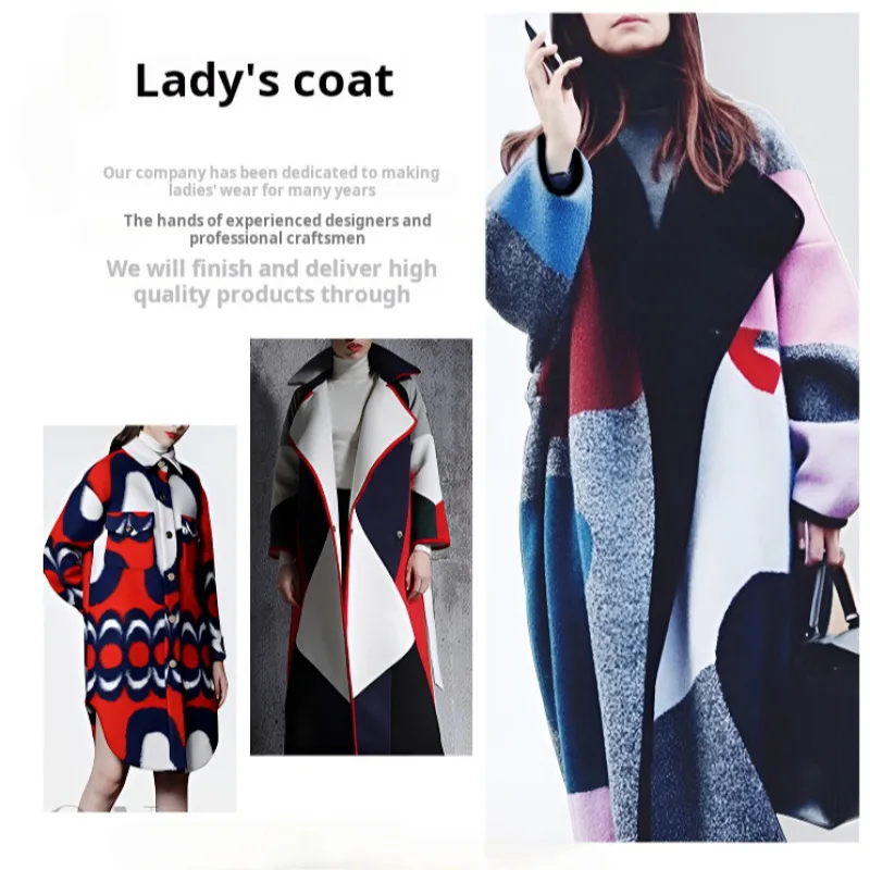 Spring Autumn Winter Blended Tweed Coat Fashionable Loose Doublesided Anklelength Digitally Printed Lapel Woolen Coat for Women