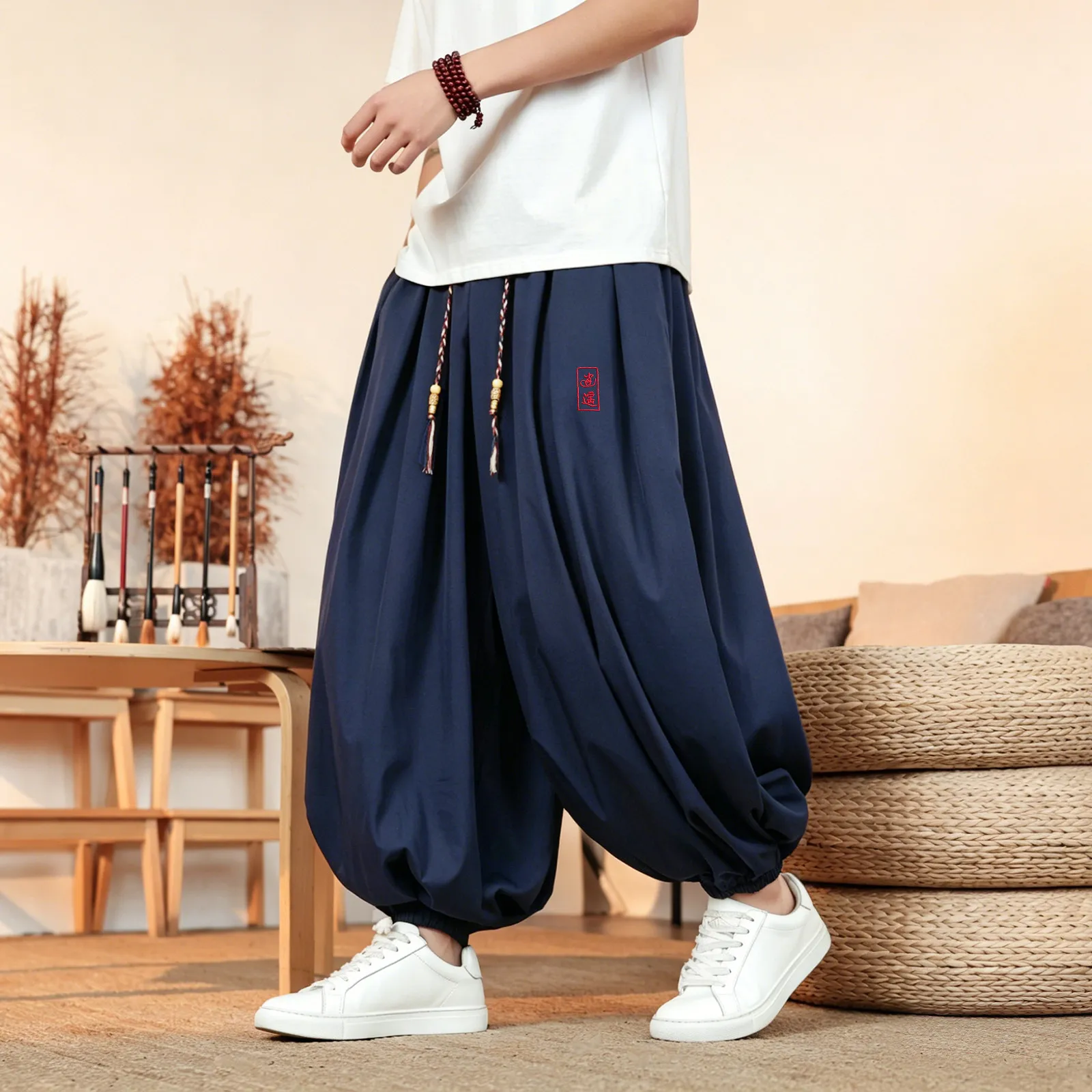 Plus Size 8XL Pants Men Summer Ice Silk Thin Lantern Pants Men Fashion Loose Breathable Casual Comfortable Wide Leg Trousers Men