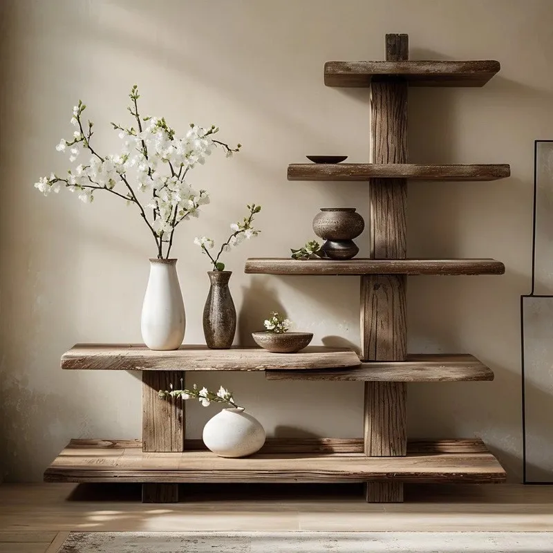 Estante de almacenamiento zen de madera maciza para sala de té, estante de exhibición de cerámica de té de olmo antiguo, estante decorativo para alojamiento rural