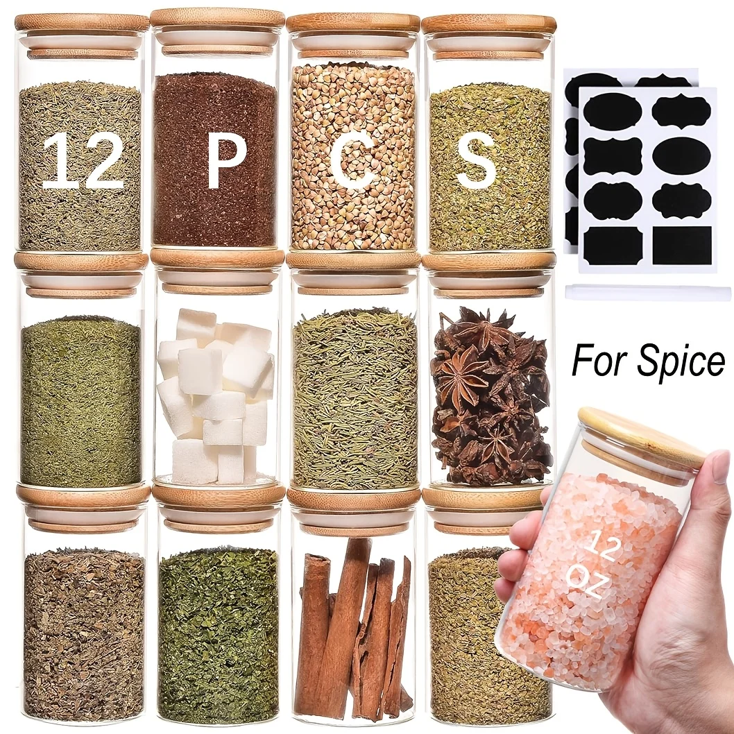 

Набор из 12 стеклянных баночек для специй с этикетками, круглые банки объемом 12 унций с бамбуковыми крышками, пустые емкости для специй и приправ