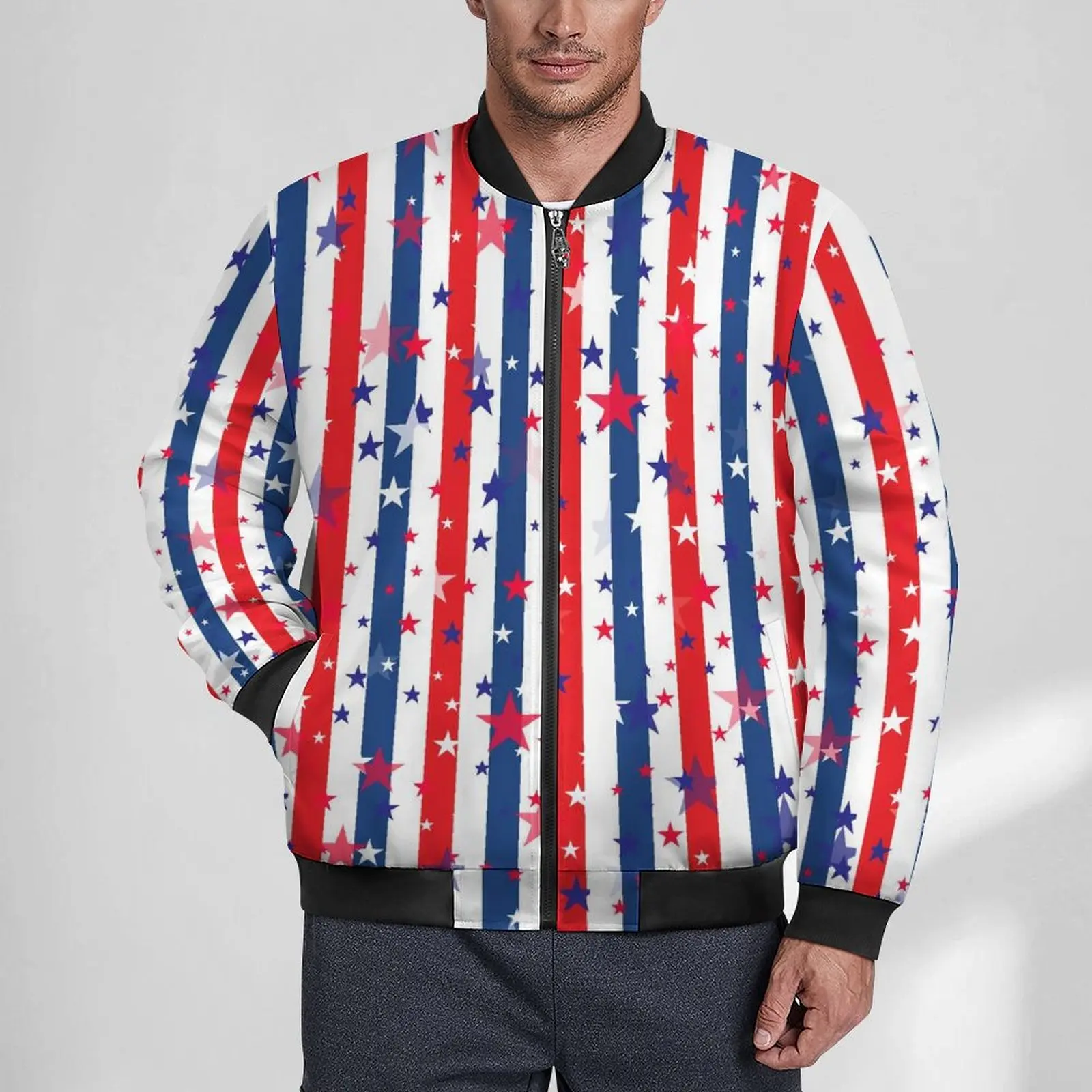 Red Blue And White Stars Striped Jackets Autumn  Aesthetic Casual Coats Male Zip Up Loose Windbreak Printed Oversized Jacket