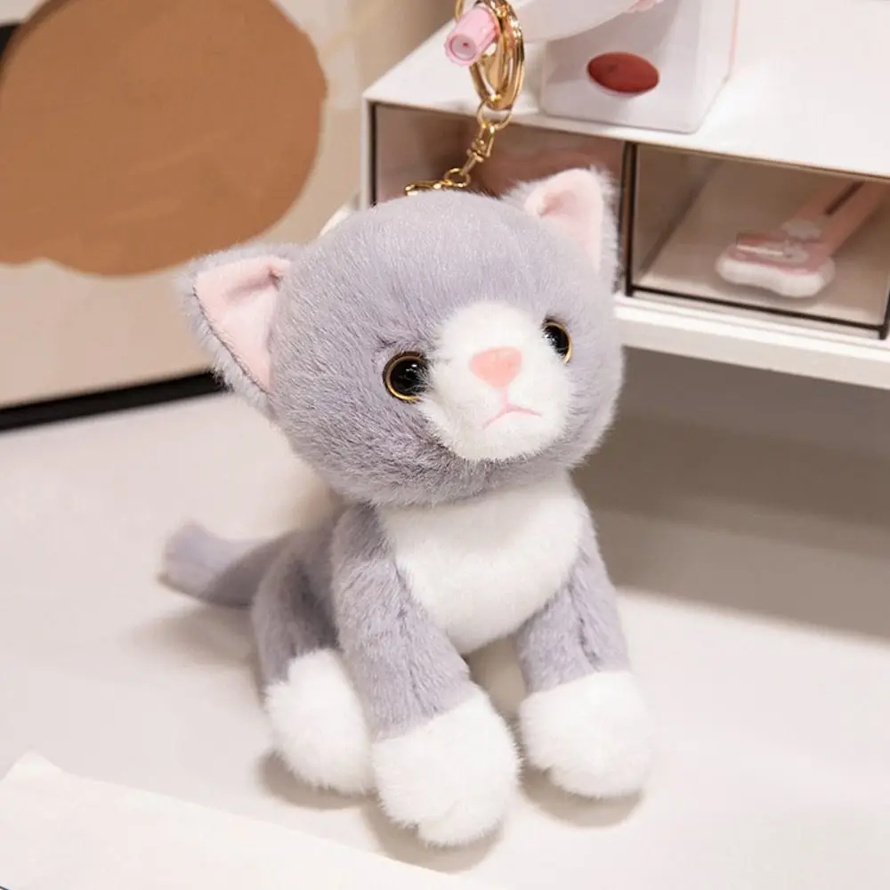 Car Pendant Stuffed Animal Simulated Cat Soft Furry White Gray Kitten 15CM Kawaii Stuffed Cat Keychain Girls Gift