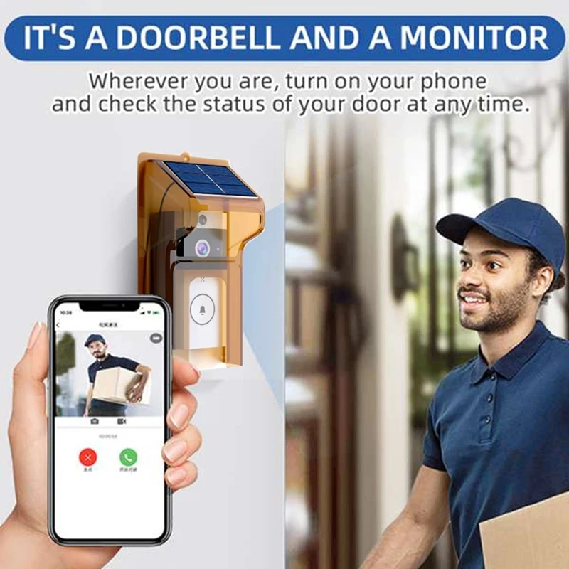 Smart Doorbell Camera With Solar Charging, Waterproof, Night Vision, HD, Two-Way Intercom Voice For Home Security