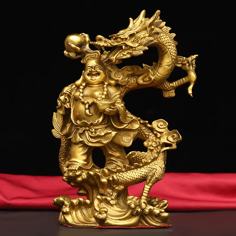 Bronze brass craft ornaments: Laughing a , Maitreya Buddha riding a dragon, home and office decorations
