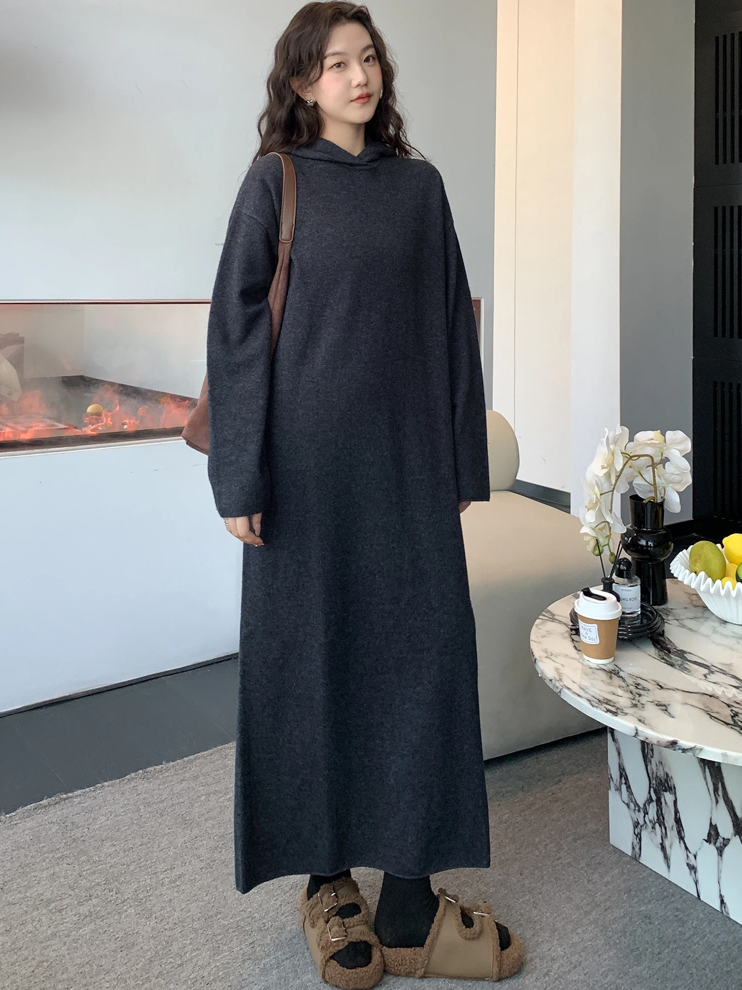 NYFS حجم كبير الحياكة فستان طويل فضفاض مريح عادية معطف بقلنسوة رداء للنساء الخريف الشتاء الكورية نمط 2025 Elbise #3