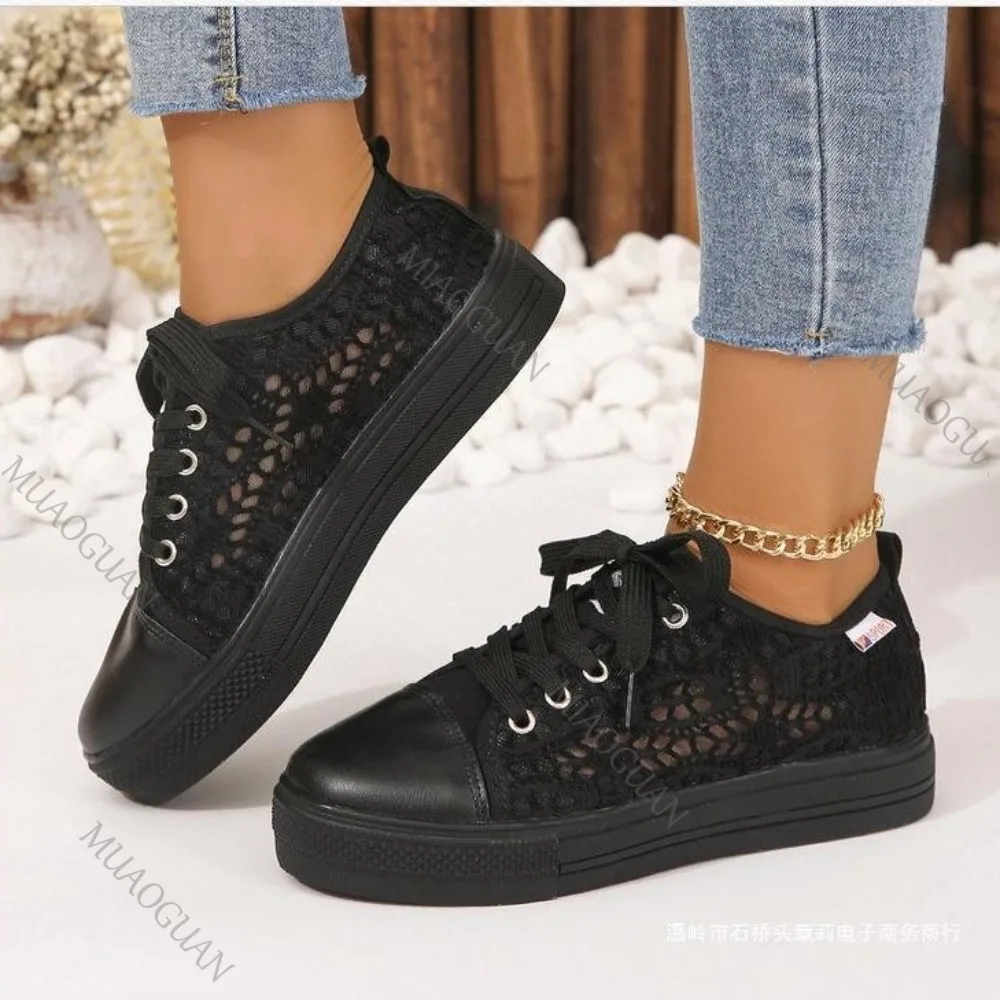 

Весенне-летняя женская обувь, новые дышащие кроссовки с полой сеткой, повседневные одинарные туфли на толстой подошве, женские вулканизированные туфли на шнуровке