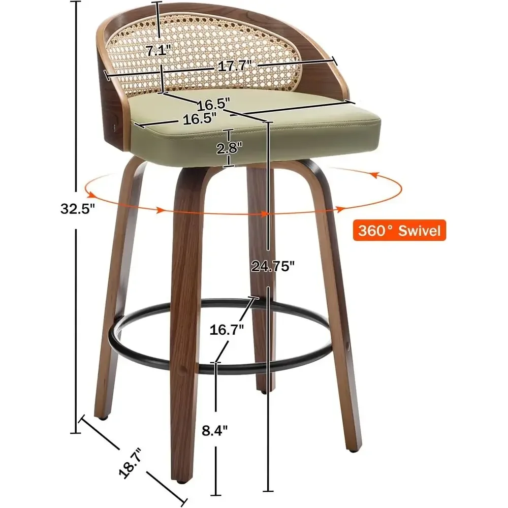 Set of 2 Modern Green Leather Swivel Bar Stools with Rattan Backrest and Walnut Wood Finish
