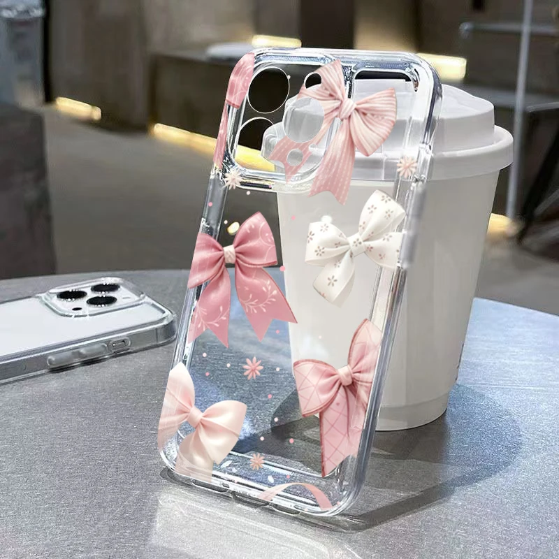 Pink Bow Design Transparent TPU Phone Case For Samsung Galaxy S24 S25 FE S22 S23 Ultra Plus A56 A16 A36 A54 A15 A55 A35 Cover