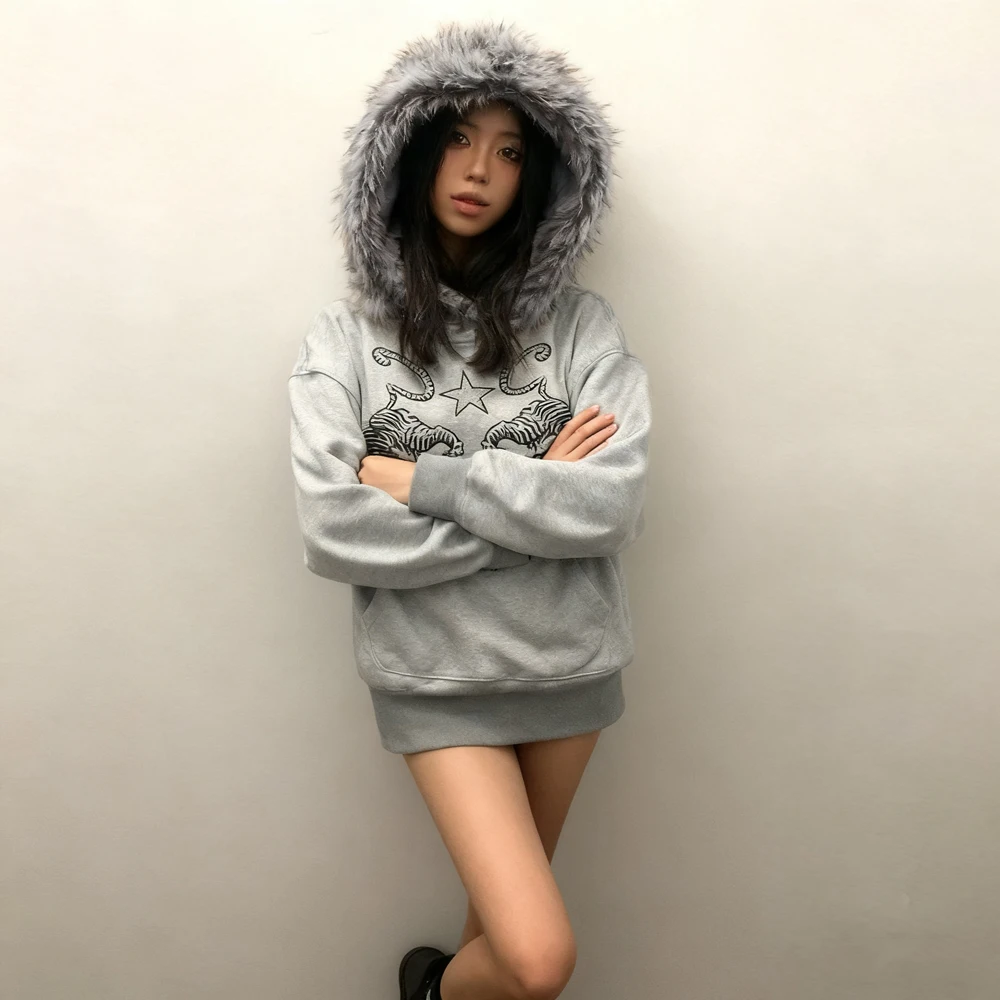 High Street-Sudadera con estampado geométrico para mujer, gorro de felpa, jersey gótico, sudaderas con capucha de gran tamaño para mujer y2k, novedad de invierno, sudadera holgada Harajuku Hip-Hop