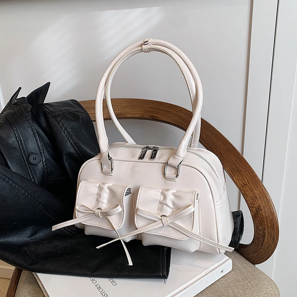 Women Fashion Shoulder Bag Double Pockets PU Leather Casual Armpit Bag with Bow Small Tote Bag Solid Color for Travel Vacation