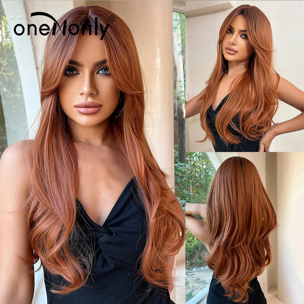 oneNonly Orange Ginger Synthetic Wig with Bangs Long Wavy Wigs Natural Wig Woman Ladies Lolita Daily Hair