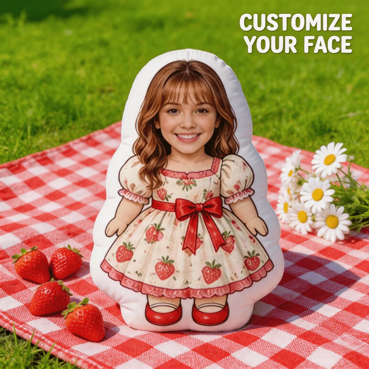 Custom Photo Shaped Pillow, Personalized Face In Strawberry Dress Decorative Cushion, 70cm Unique Home Decor Accent for Sofa & B