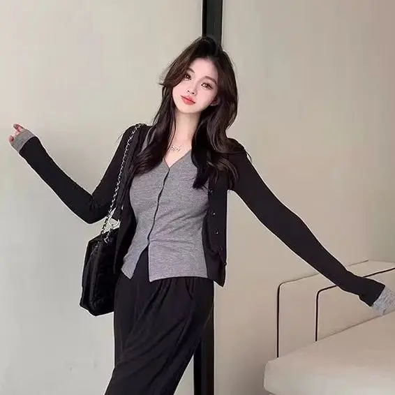 New Fashion Korean Style Design Suit Cardigan Top High Waist Slimming Wide Leg Pants Two-piece Set for Women