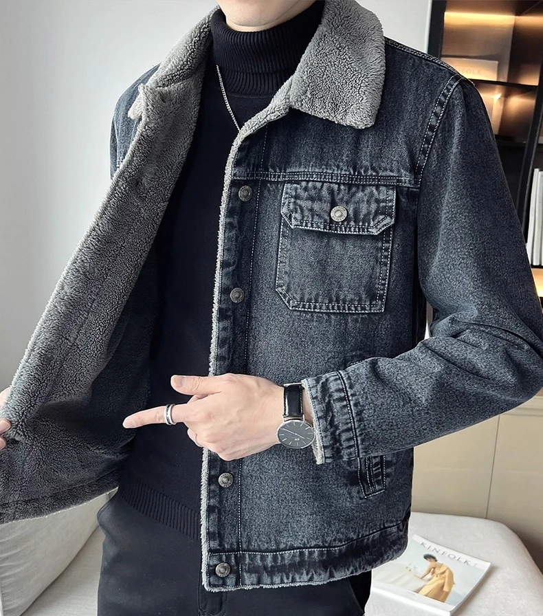 Giacca di jeans blu nera casual allentata spessa foderata in pile monopetto con colletto rovesciato da uomo di nuova vendita calda invernale