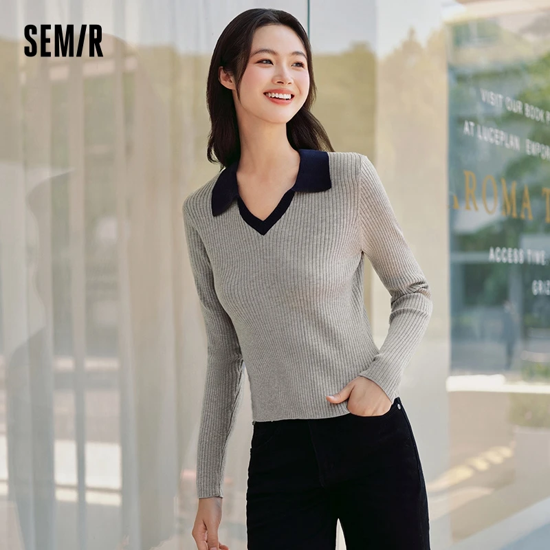 Semir Sweater Women Short Slim-Fit Sweater with a Minimalist Style 2024 New Autumn Vintage Color-Block Polo Neck Sweater