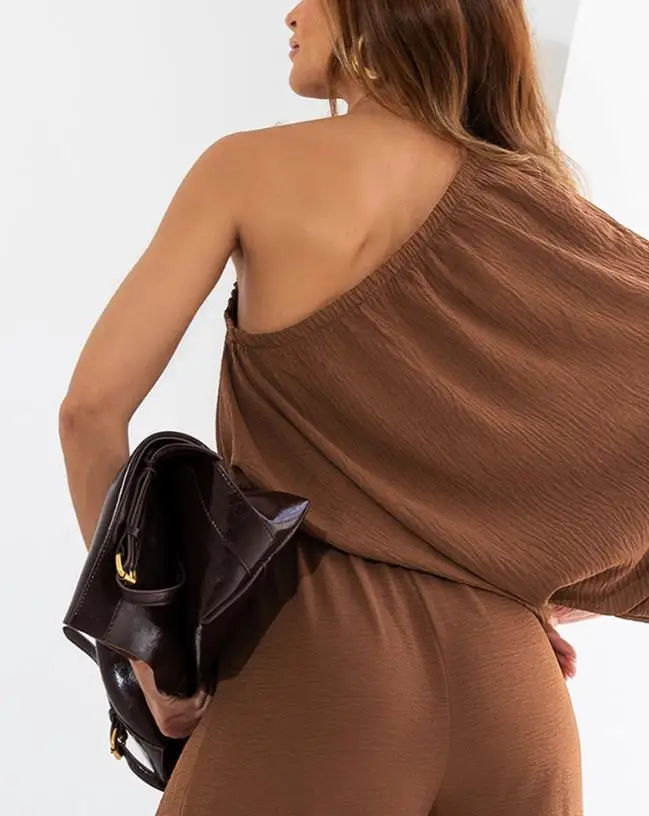 Jumpsuit Women 2025 Spring New Solid Color Cold Shoulder Batwing Sleeve Waist Lace Up Long Jumpsuit Casual Wide Leg Romper