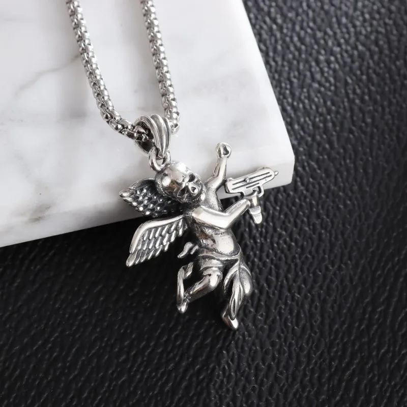 Retro Gothic Skull Angel Mobile Pendant Necklace Men Women Hip Hop Party Defending Peace Jewelry