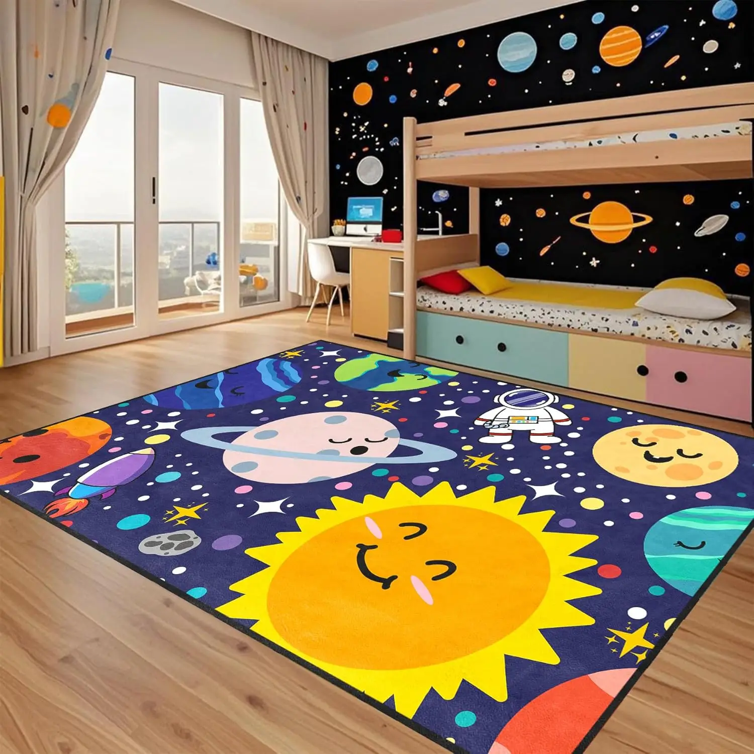Alfombra para niños con sistema solar, alfombra para sala de juegos con temática de galaxia, alfombra antideslizante con estampado de planetas para dormitorio de niños/niñas, decoración de aula