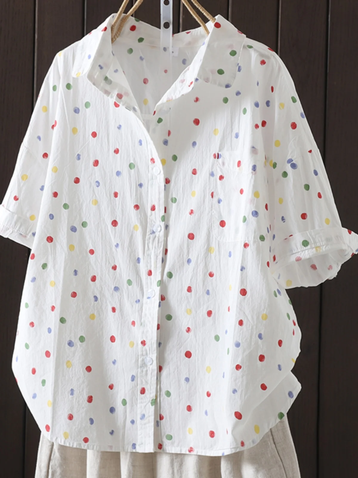 

Летний женский свободный крой irt ort Sve Повседневный универсальный круглый топ на пуговицах в горошек в японском стиле