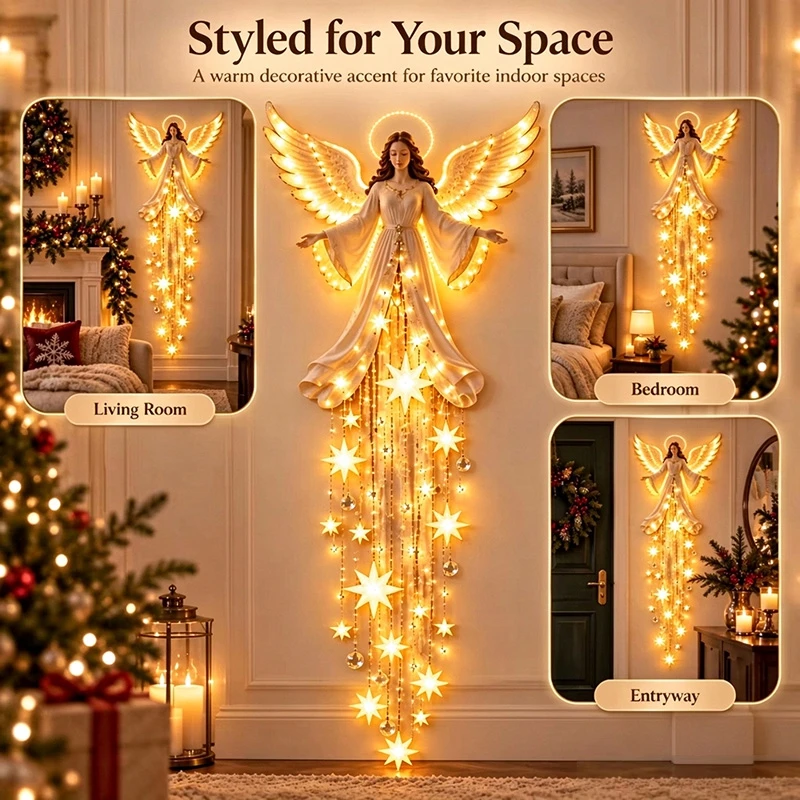 Christmas Angel Statue Led Light Cascading Snowflake Lamp Warm Fairy Light Angel Figurine Night Light For Xmas Home Decor