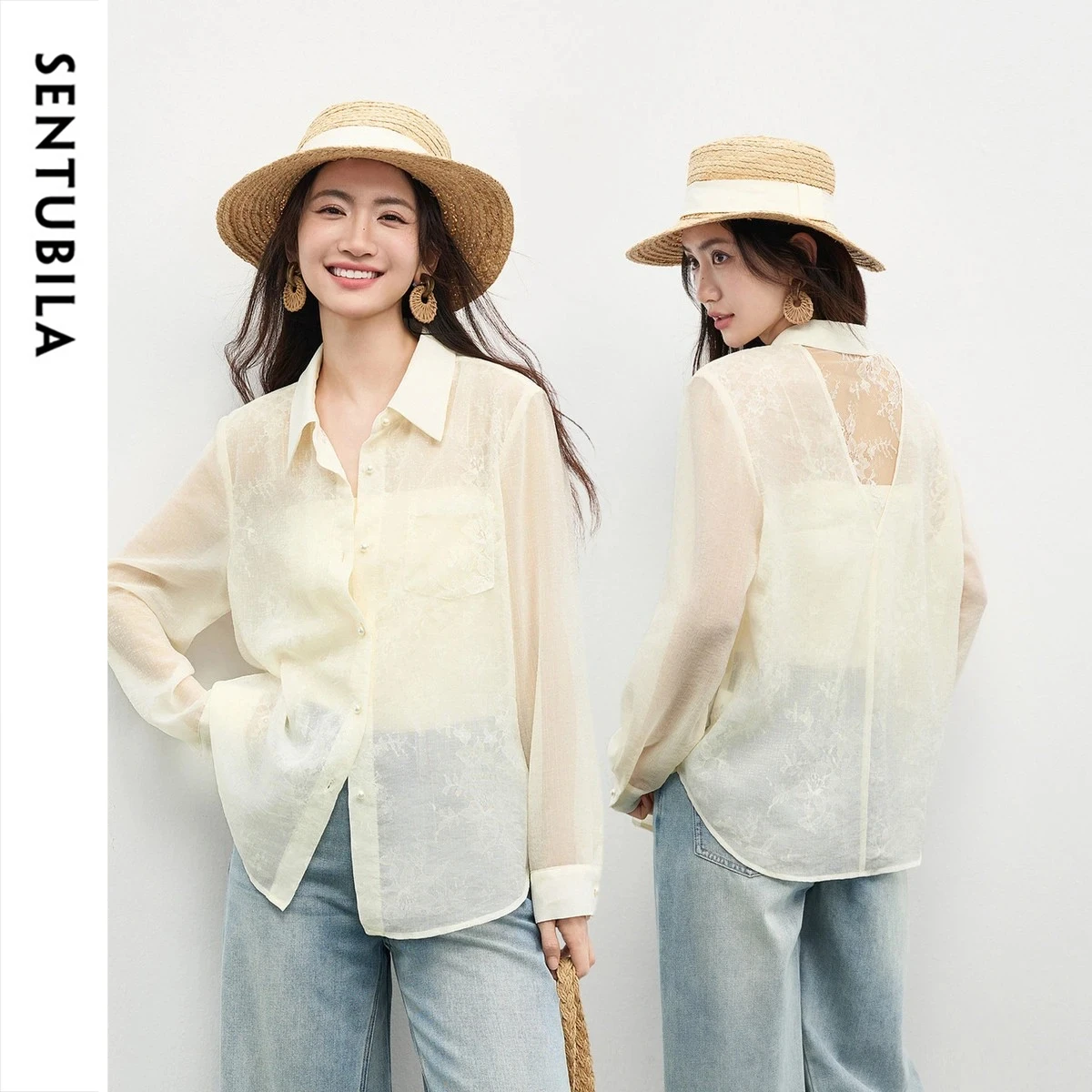 

SENTUBILA Office Blouses for Women 2026 Lace Sheer Shirt Lapel Collar Back Cutout Design Loose Casual Summer Tops 161CA5015