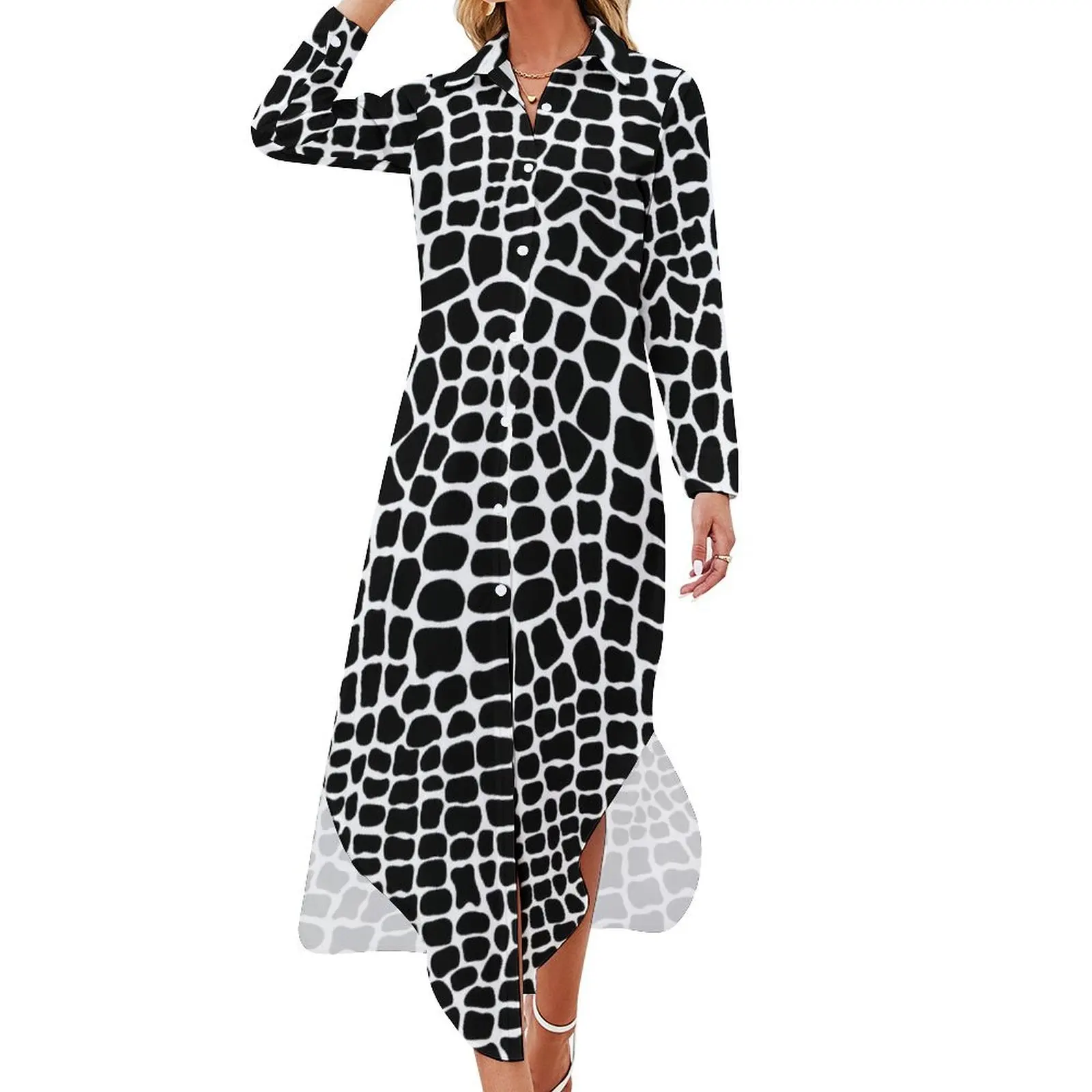 Snakeskin Casual Dress Black and White Animal Street Fashion Dresses Long Sleeve Modern Female V Neck Big Size Chiffon Dress