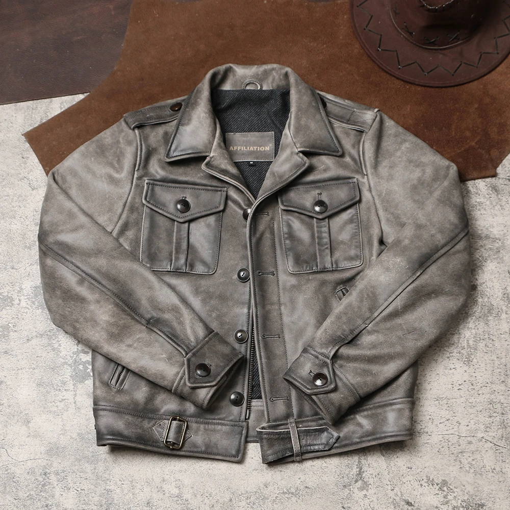 Vintage Grey Autumn Leather Jacket Men Plus Size 5XL Military Style Genuine Natural Cowhide Short P37 Leather Coat