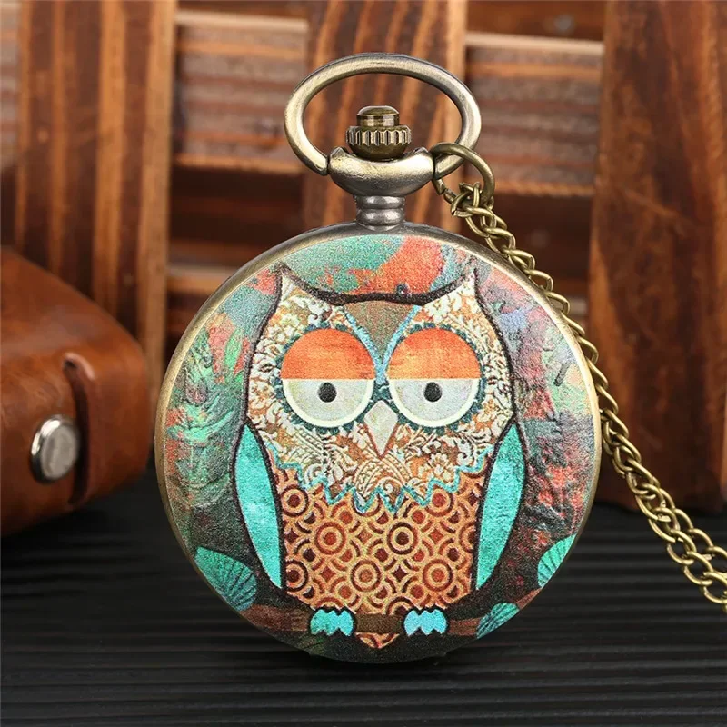 Colorful Cute Night Owl Design Full Hunter Quartz Analog Pocket Watch for Men Women Sweater Necklace Chain Retro Timepiece