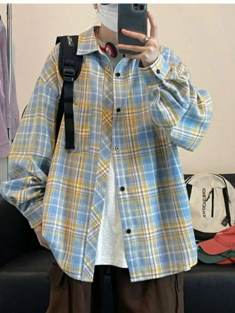 

Мужская рубашка в клетку в американском стиле, весна-осень, винтажная, для ношения как нижняя или верхняя одежда, с воротником, длинный рукав, свободный крой, для подростков