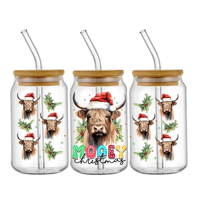 Christmas Cow Animal Cartoon UV DTF Wrap Sticker DIY For 16oz Libbey Glass Cup Waterproof Decals Cup Sticker